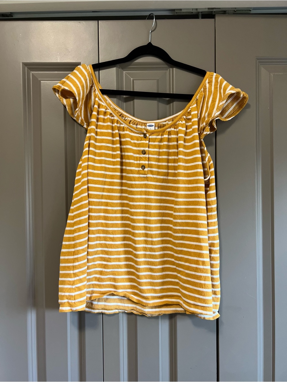 Old Navy Yellow and White Striped Off-Shoulder Crop Top